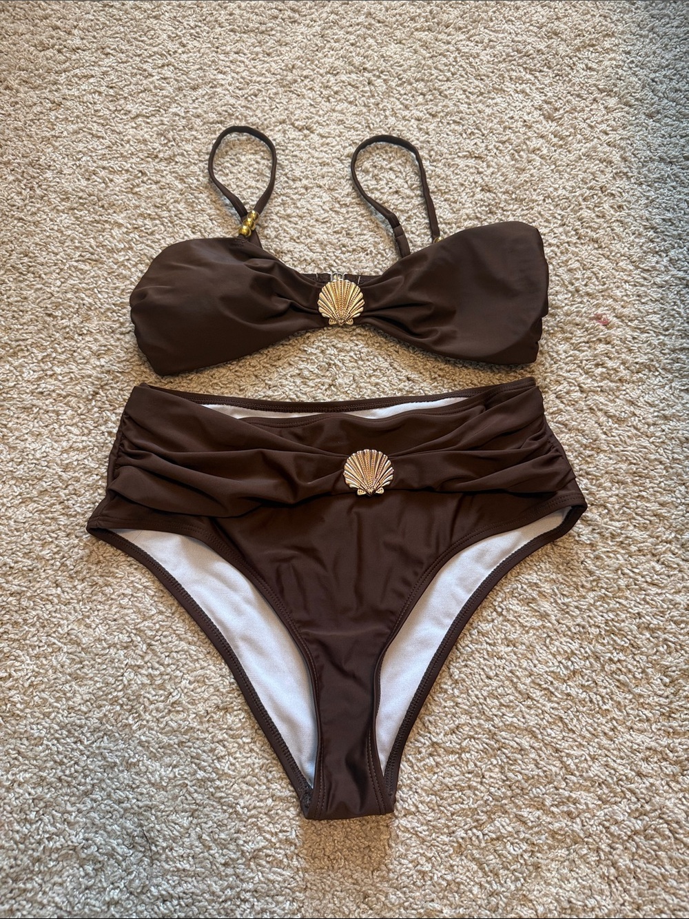 High-Rise Brown Bikini Set with Gold Shell Detail